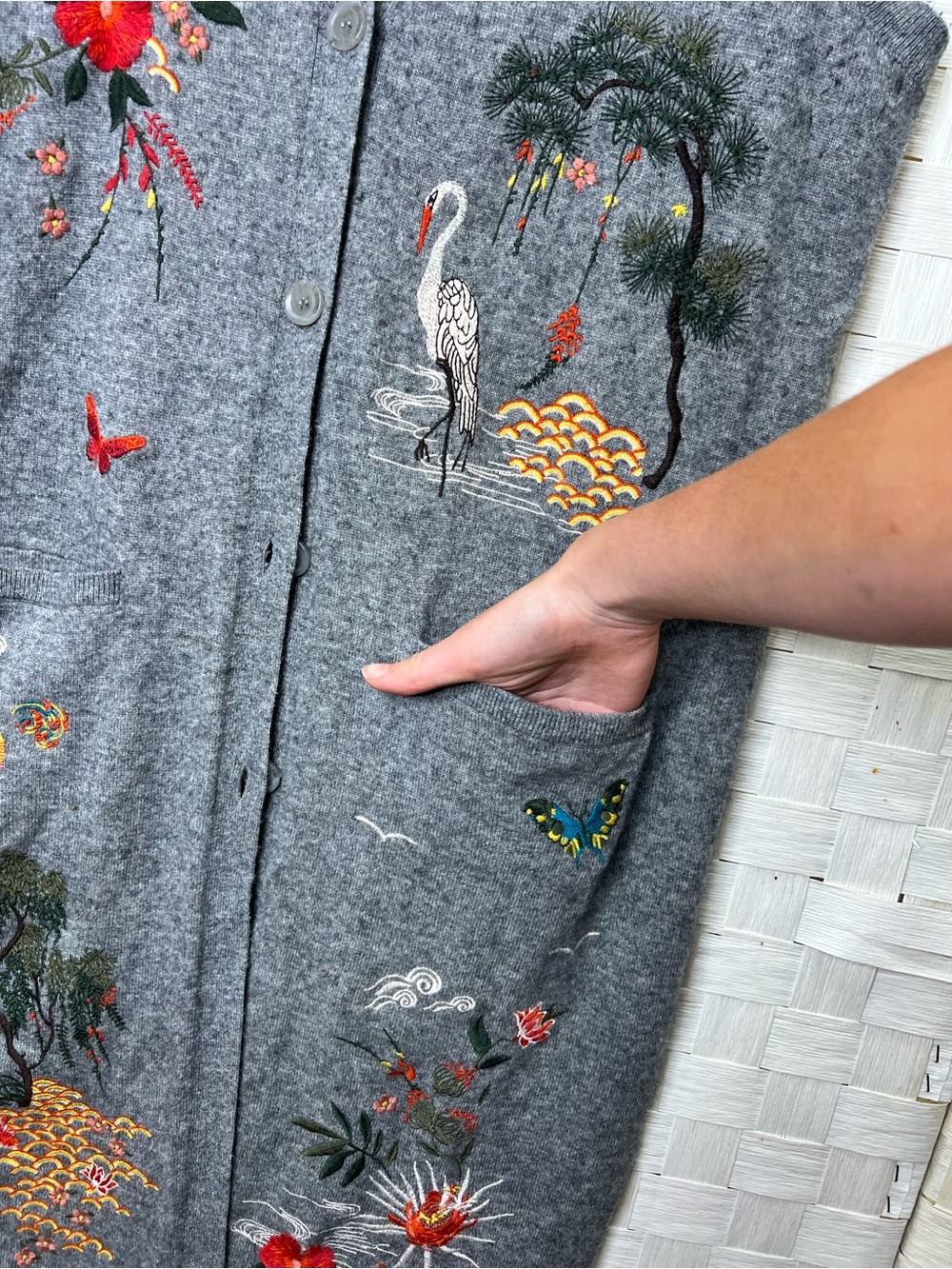 Johnny Was Gray Wool Cashmere Embroidered Long Sweater Vest Duster Cardigan (M) - Picture 6 of 16